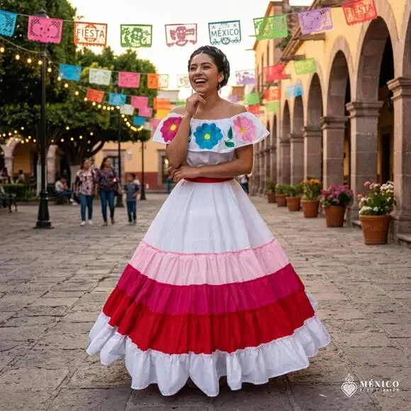 Mexican long skirt single circle waist has 4 ties that adjust to your waist